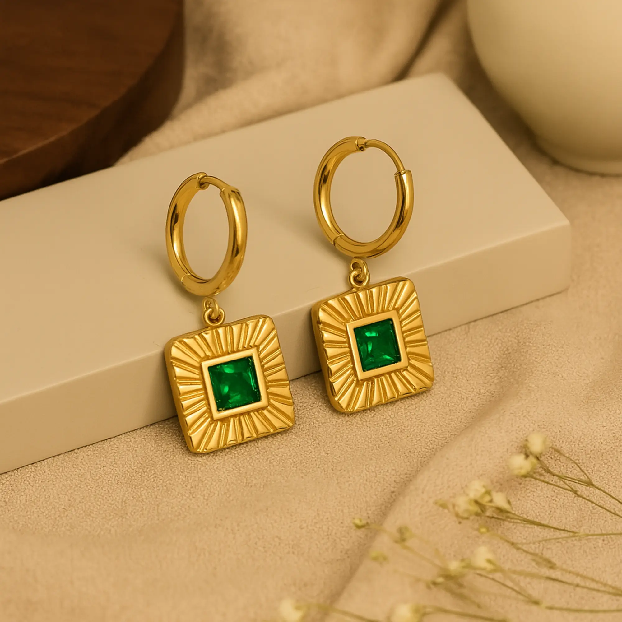 Green Crystal Square Drops - Hover