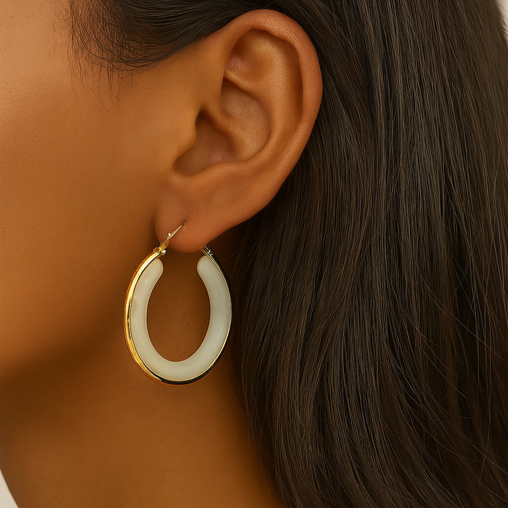 Cream Resin Gold Hoops - Hover