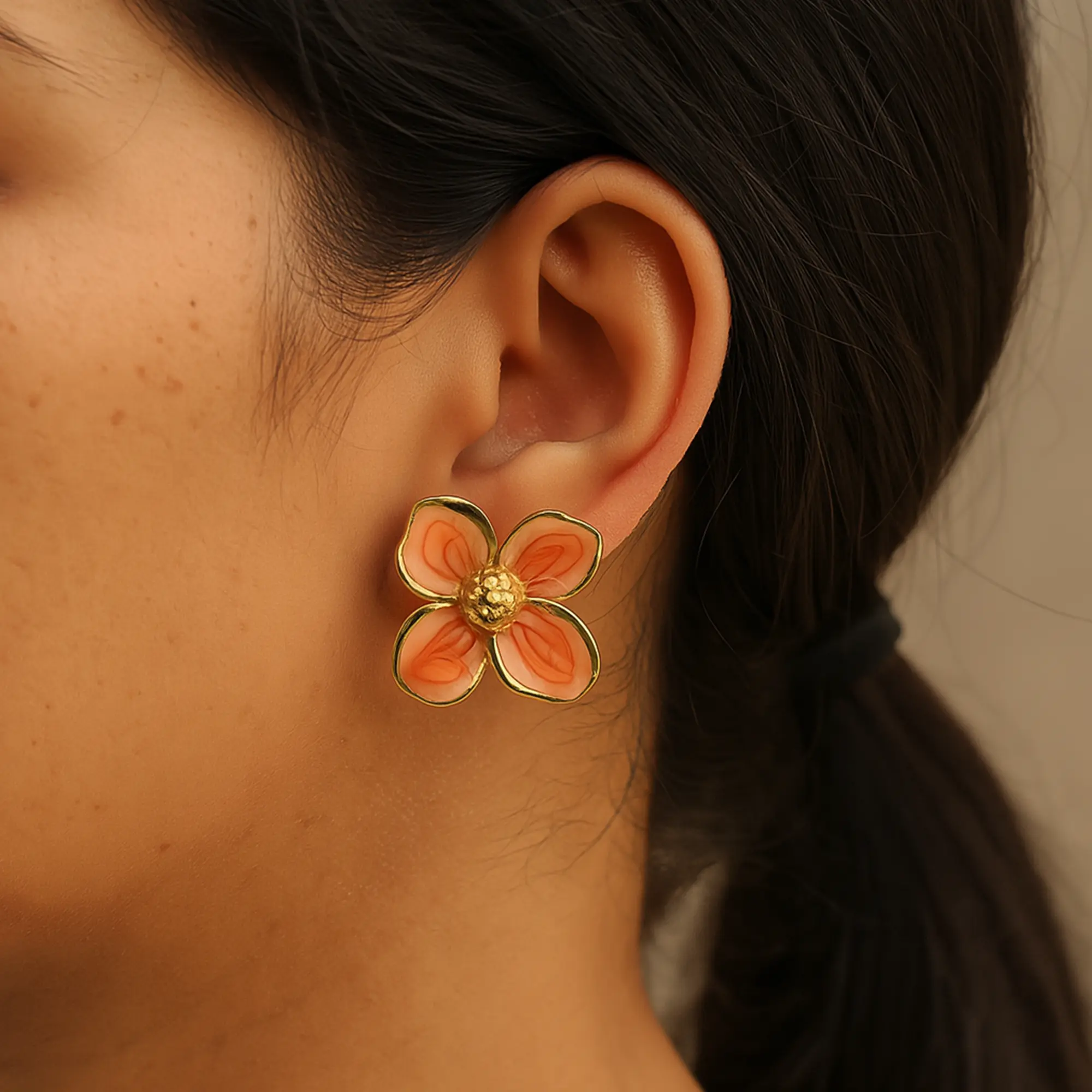 Golden & Orange Flower Studs - Hover